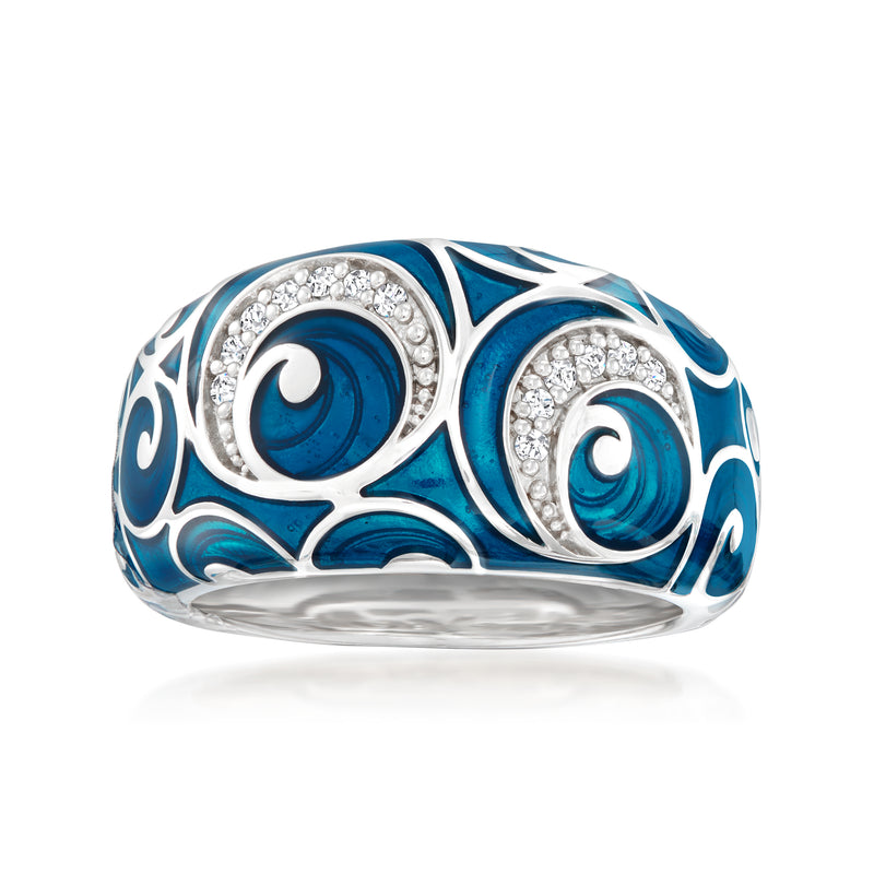 Sterling silver ring with blue enamel wave design and round CZ accents