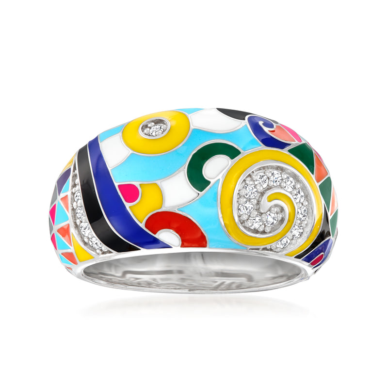 Sterling silver enamel ring with multicolor mosaic and round CZ halo detail