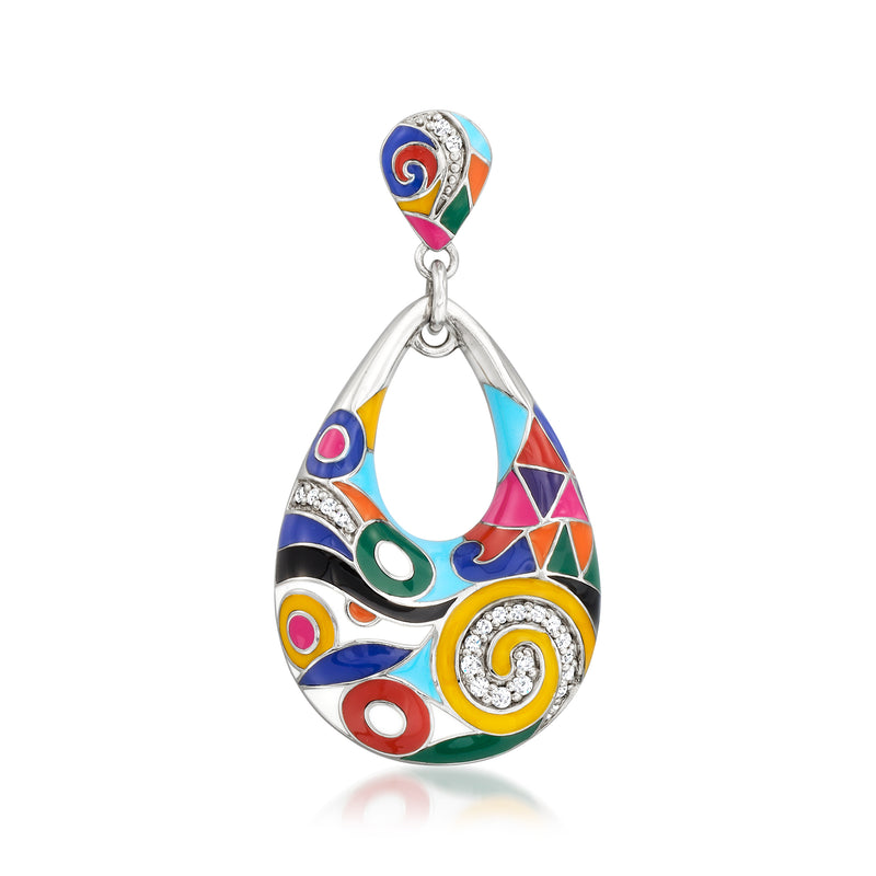 Sterling silver enamel and CZ pendant in multicolored teardrop swirl design