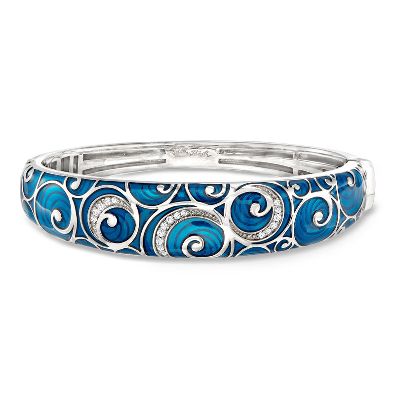 Sterling silver bangle bracelet with blue enamel scroll pattern and CZ accents