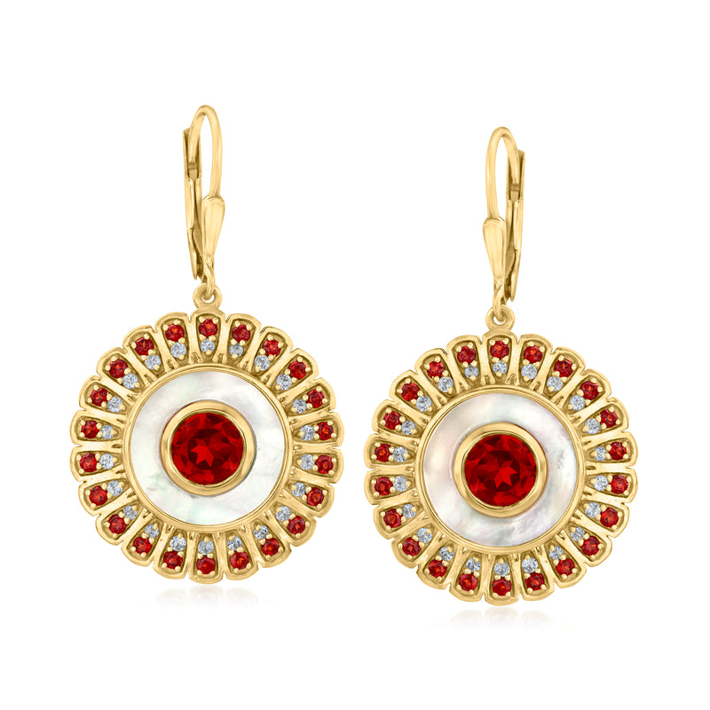 Gold leverback drop earrings with red center gemstone and white topaz halo circle design