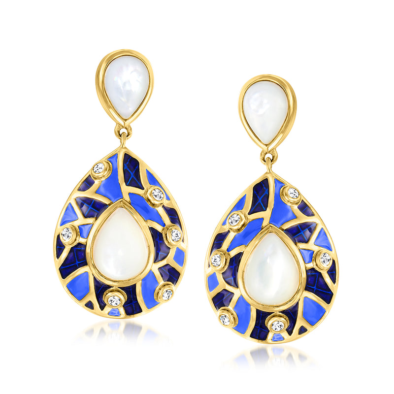 Gold drop earrings: blue enamel teardrop, mother-of-pearl center, white stones