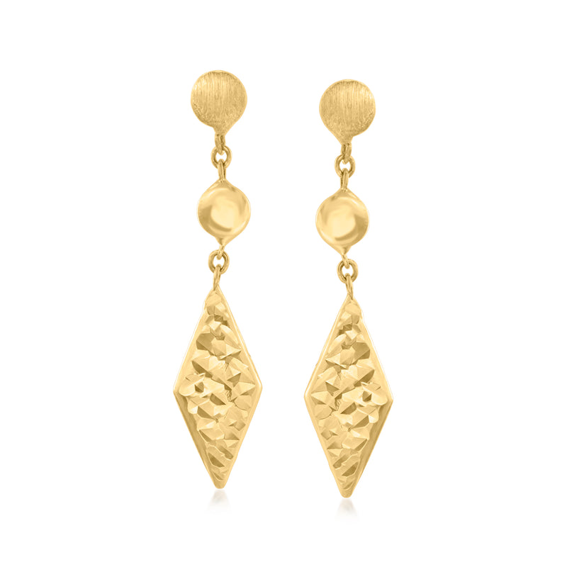 14kt yellow gold geometric drop earrings with textured teardrop diamond drops
