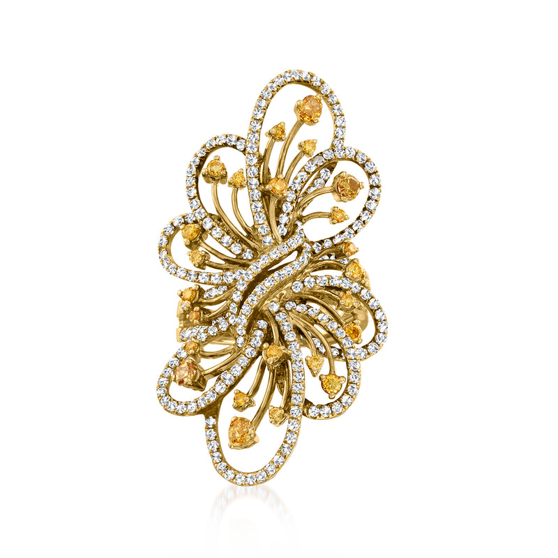 Two-tone gold diamond floral ring with yellow centers and white pave diamonds