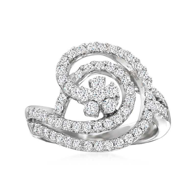 Diamond swirl floral ring in 18kt white gold with pavé-set stones