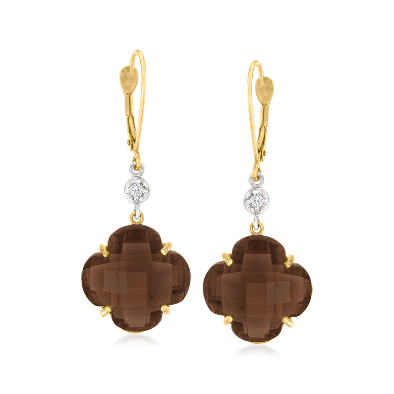 Two-tone gold leverback clover earrings with smoky quartz and diamond accents