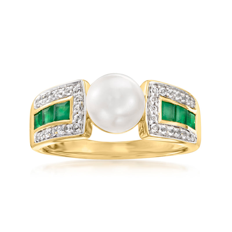 Cultured pearl ring with green emerald squares and white stones, 18kt gold over sterling