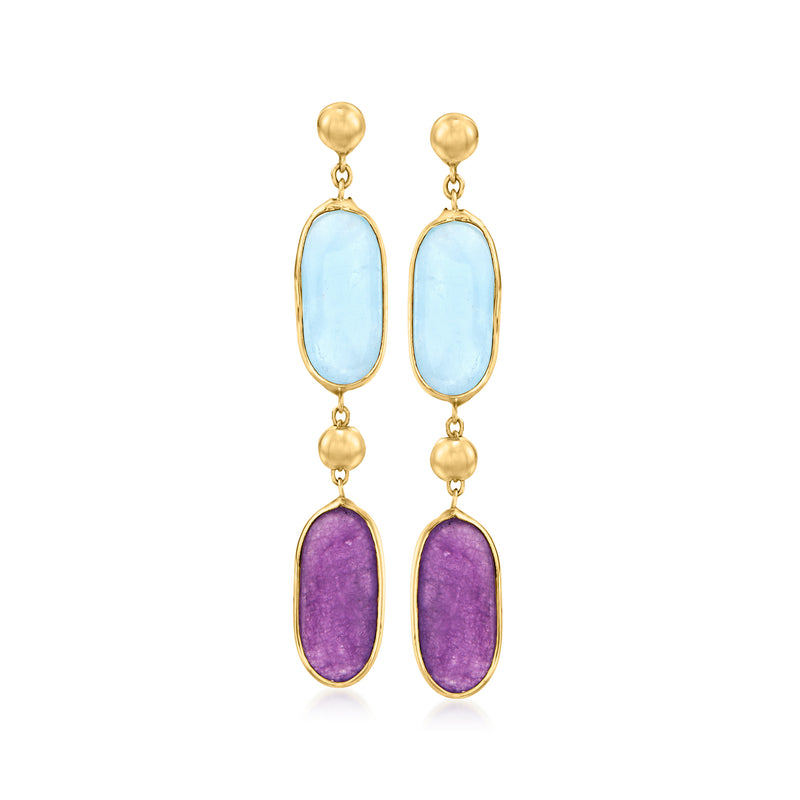 14kt yellow gold drop earrings with oval blue and purple gemstone stones