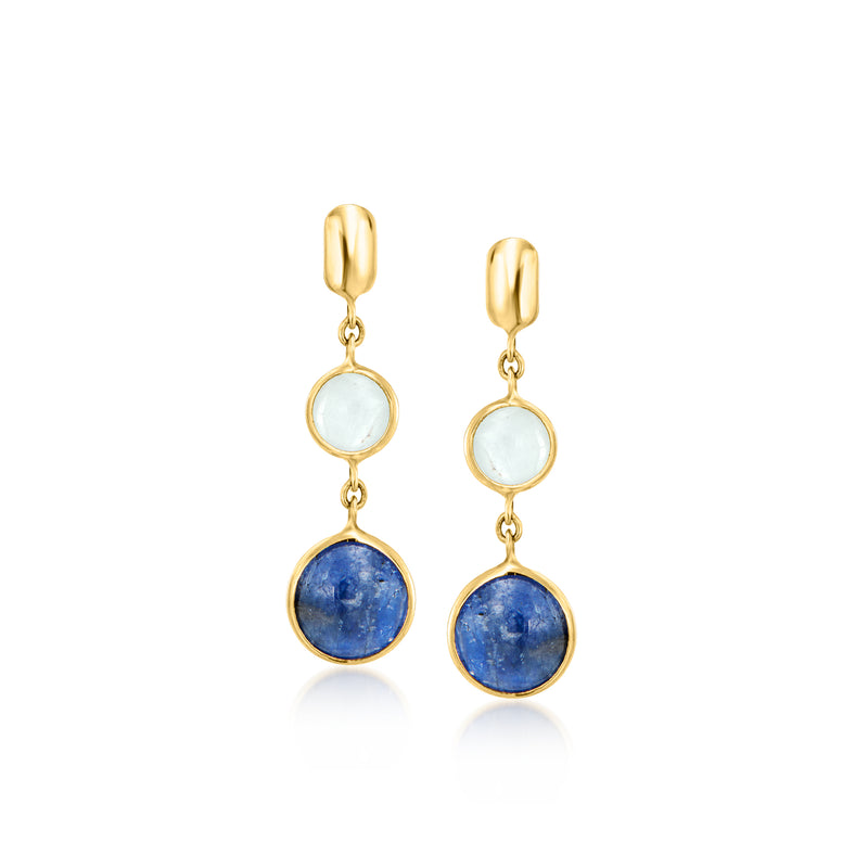 14kt yellow gold drop earrings with oval aquamarine and sapphire gemstones
