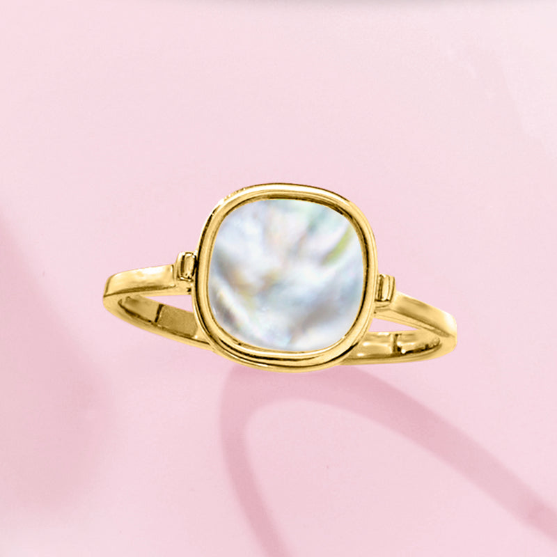 14kt yellow gold mother-of-pearl ring with slim band and round bezel