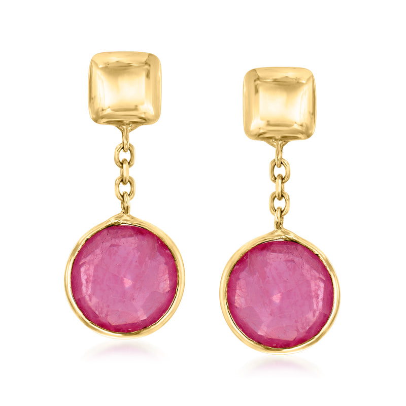 14kt yellow gold ruby drop earrings with pink round stone and chain links