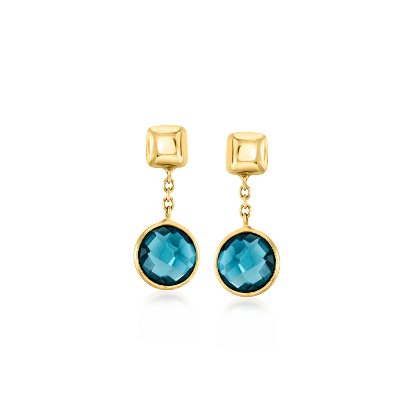 14kt yellow gold drop earrings with round London blue topaz in bezel settings