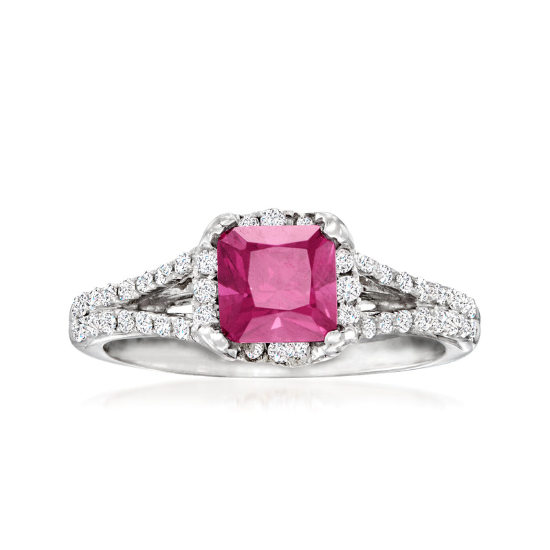 18k white gold vintage ring with pink rhodolite garnet center and diamond halo