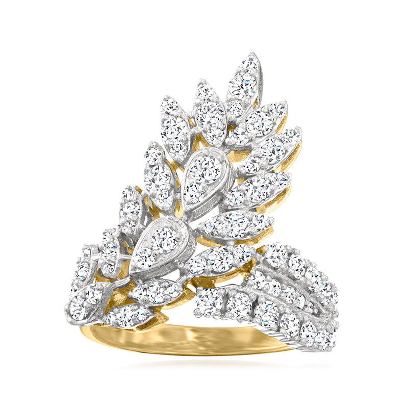 Two-tone gold diamond feather cluster ring with round-cut pave stones