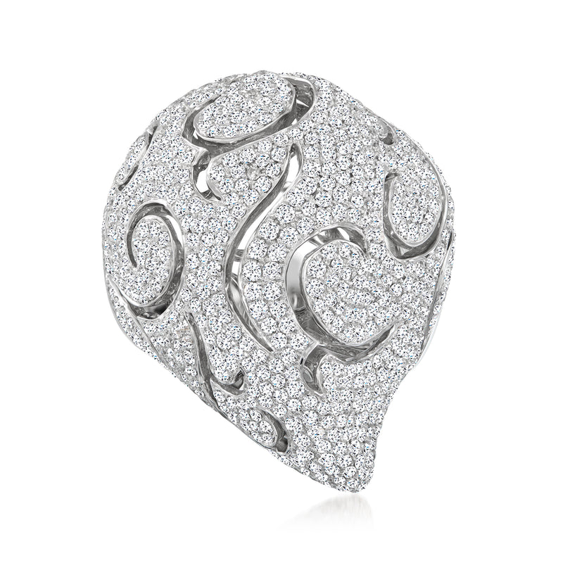 Pave diamond dome ring in 18kt white gold with swirl cutout design