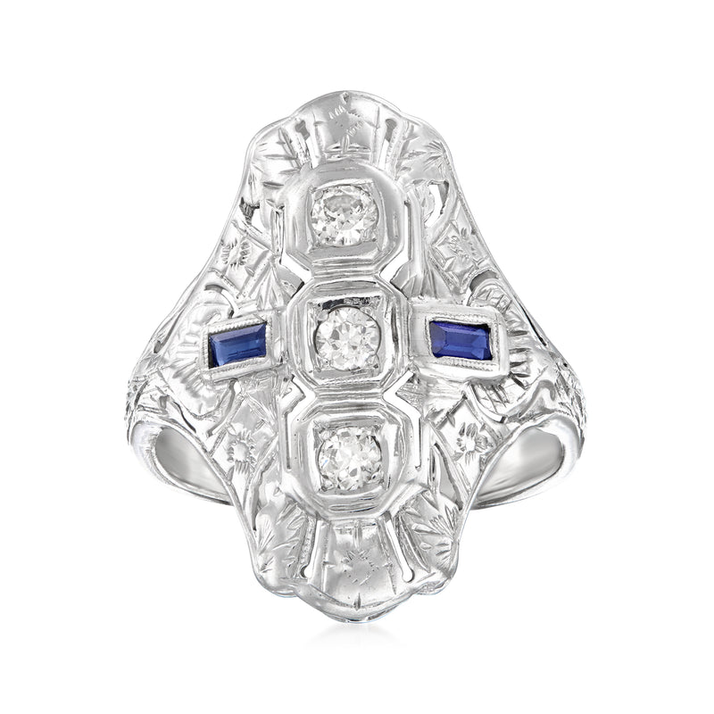 Vintage 14kt white gold diamond ring with blue synthetic sapphire side stones