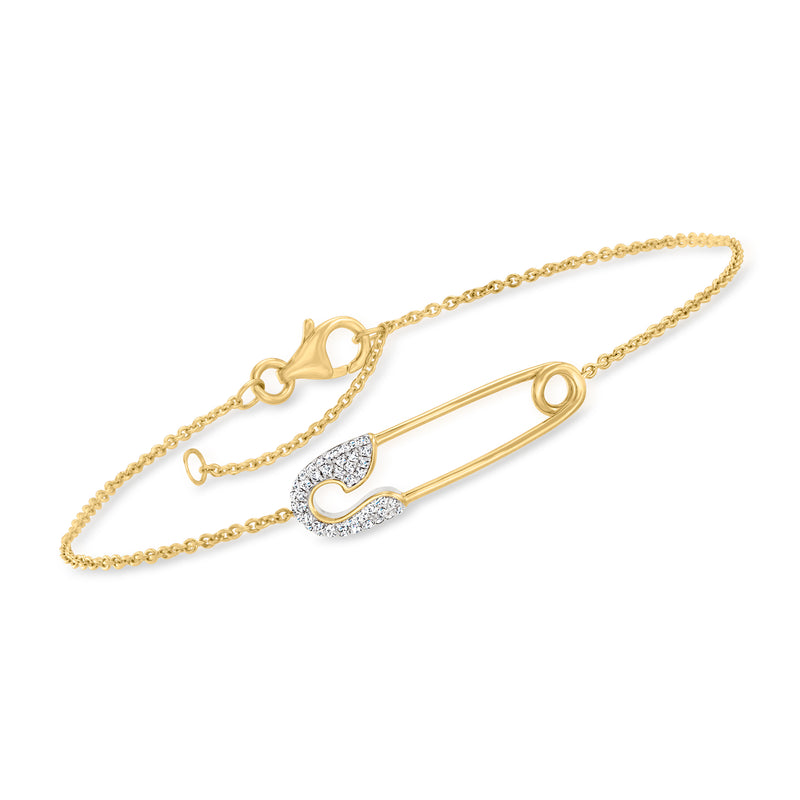 Gold over sterling safety pin bracelet with heart-cutout charm and small clear stones