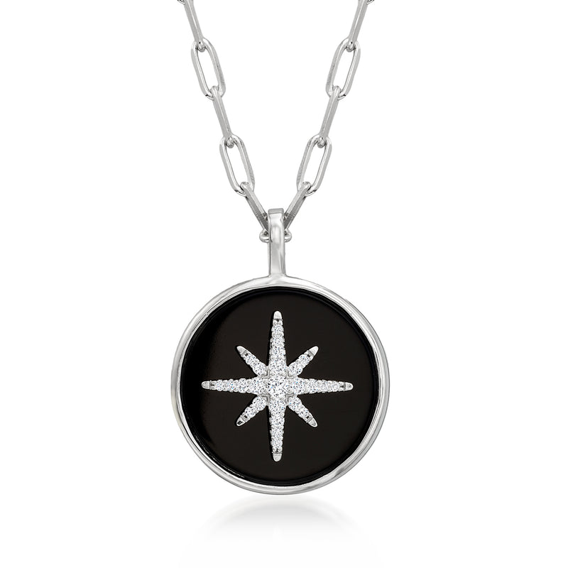Sterling silver link necklace with round black agate starburst pendant and clear CZ star