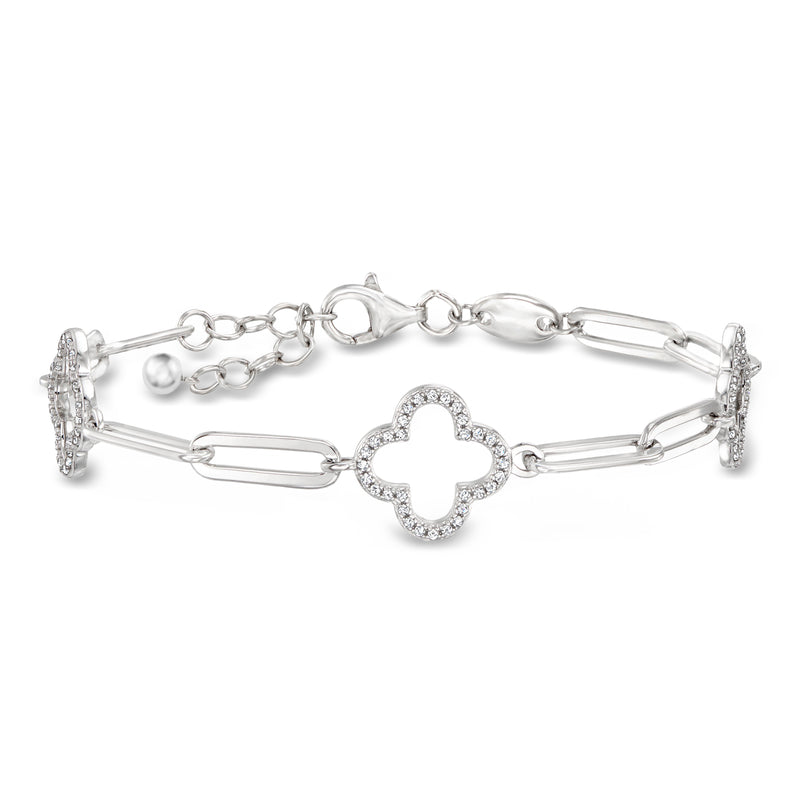 Sterling silver paper-clip link bracelet with CZ clover charm station