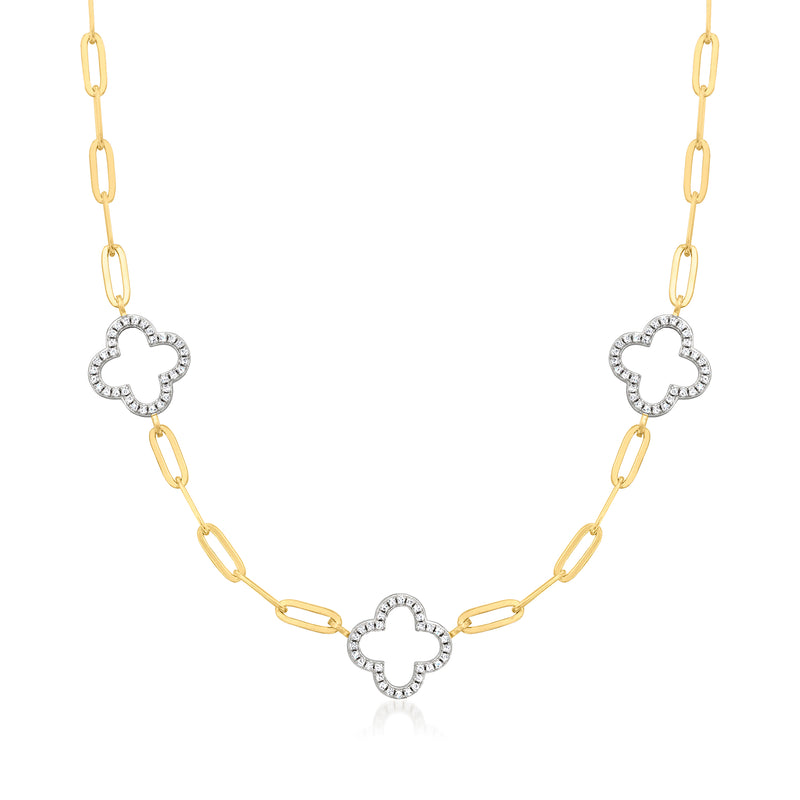 Two-tone paper-clip link necklace with clover-shaped CZ stations
