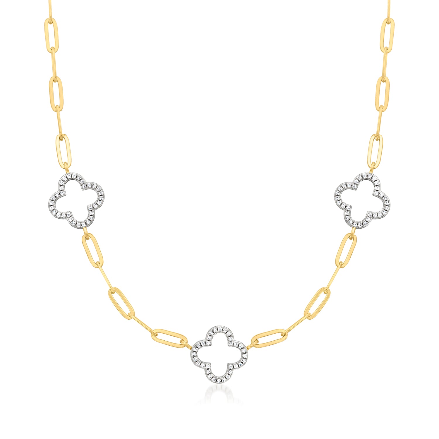 Charles Garnier .40 ct. t.w. CZ Clover Station Paper Clip Link Necklace in Two-Tone Sterling