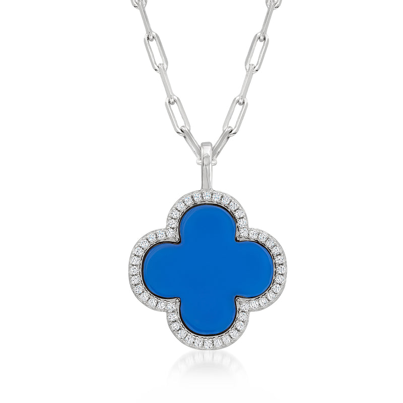 Sterling silver clover pendant necklace with blue stone and CZ halo on link chain