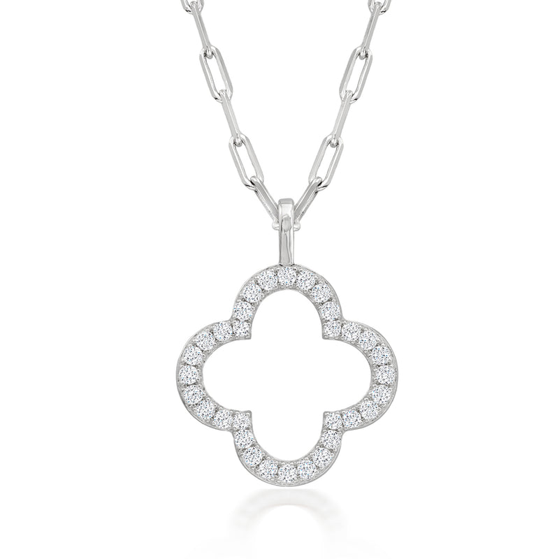 Sterling silver clover pendant CZ paper-clip link necklace