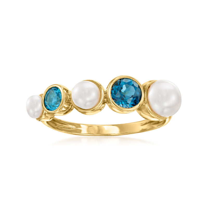 18kt gold over sterling ring with blue topaz and 3 cultured pearls, round setting