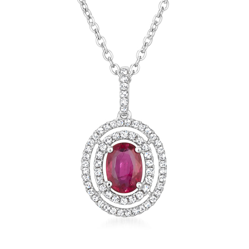 Platinum pendant necklace with oval red ruby center and diamond halo