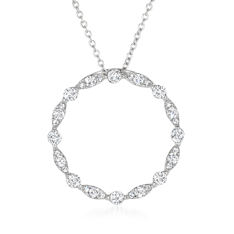 Platinum circle pendant necklace with diamond-like oval stones and link chain