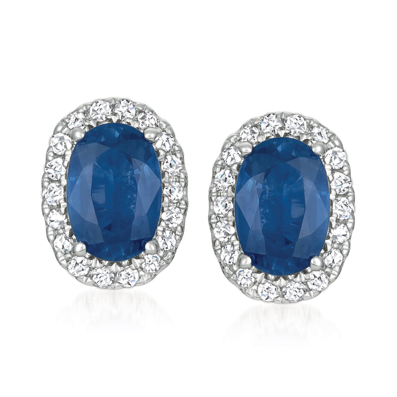 Blue oval stud earrings with clear stone halo, post backs