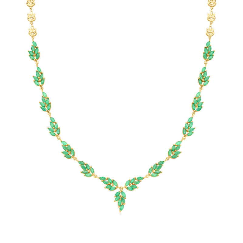 18kt gold over sterling emerald leaf necklace with linked green teardrop stones