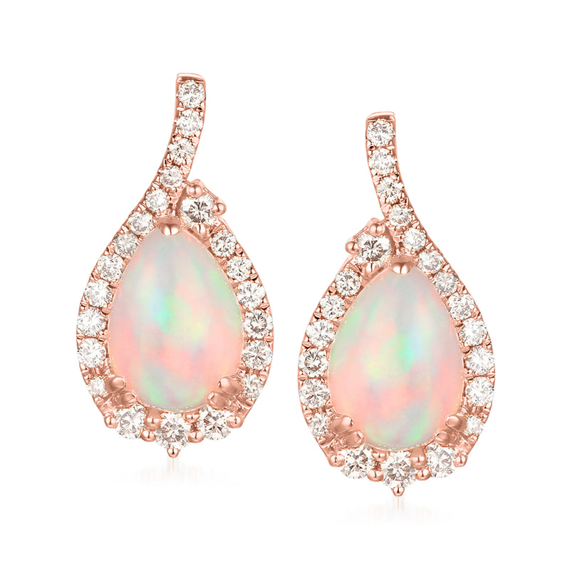 Teardrop opal drop earrings with rose-gold setting and diamond halo