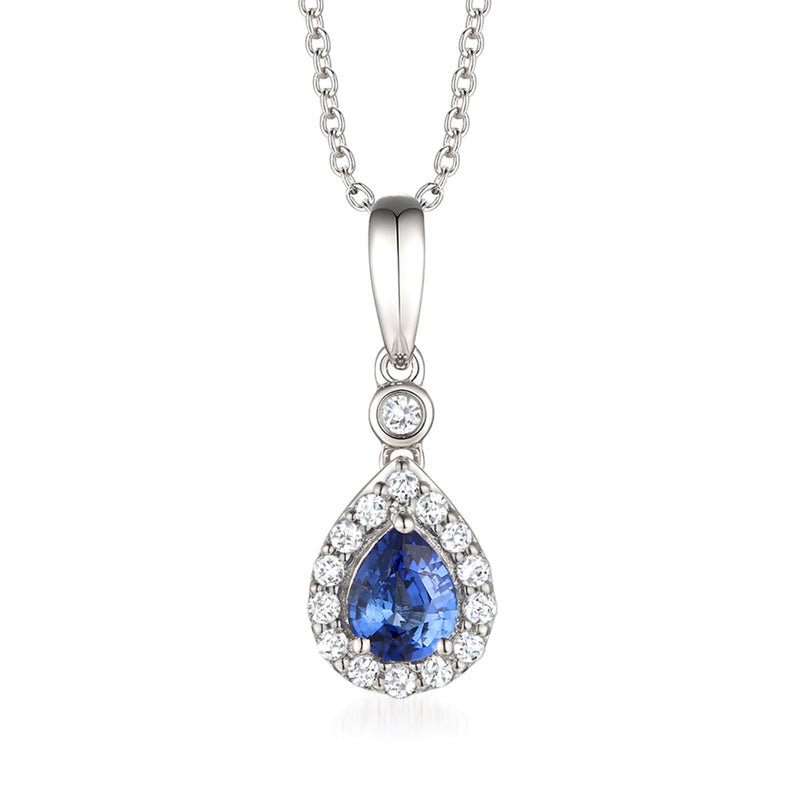 Teardrop blue gemstone pendant necklace with white diamond accents on a chain