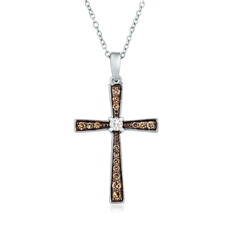 Two-tone diamond cross pendant necklace with vertical and horizontal baguette settings