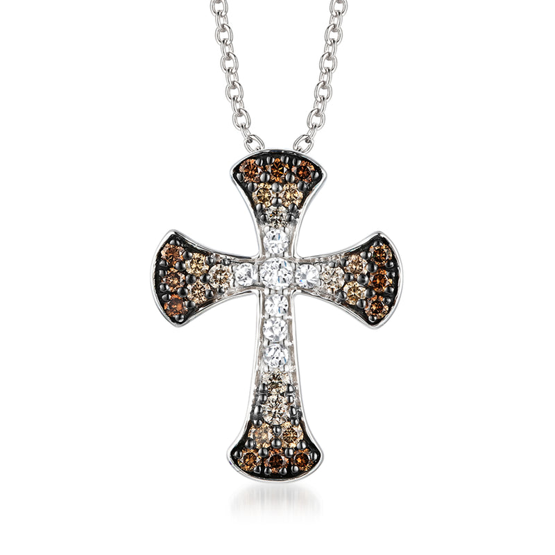 Diamond cross pendant necklace with dark chocolate and clear stones on silver chain
