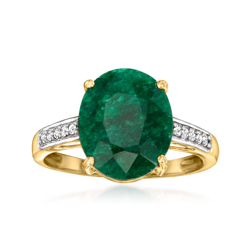 Emerald-cut green gemstone ring in 10kt yellow gold with diamond accents
