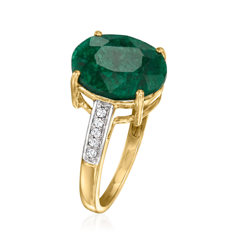 Emerald-cut green gemstone ring with diamond side accents in 10kt yellow gold