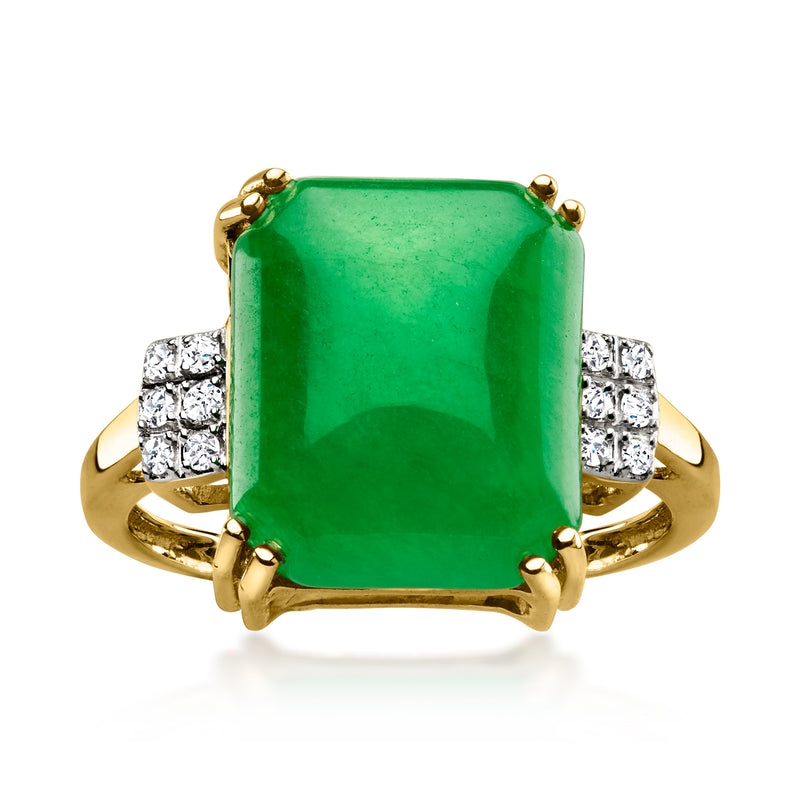 10kt yellow gold jade ring with square green stone and diamond accents