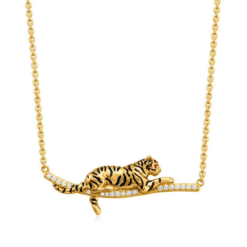 18kt gold over sterling tiger bar necklace with enamel tiger and crystal accents
