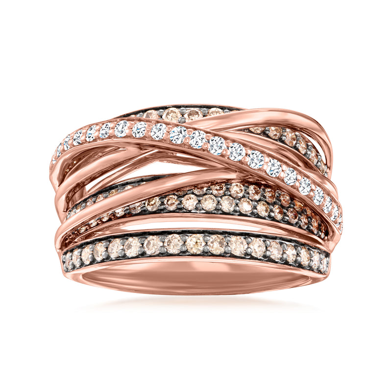 14kt strawberry gold diamond highway ring with alternating light and dark stones