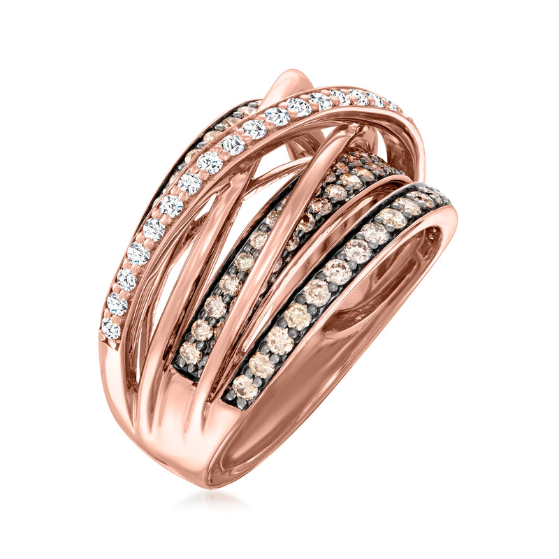 Strawberry gold multi-row diamond highway ring with light and dark pave accents