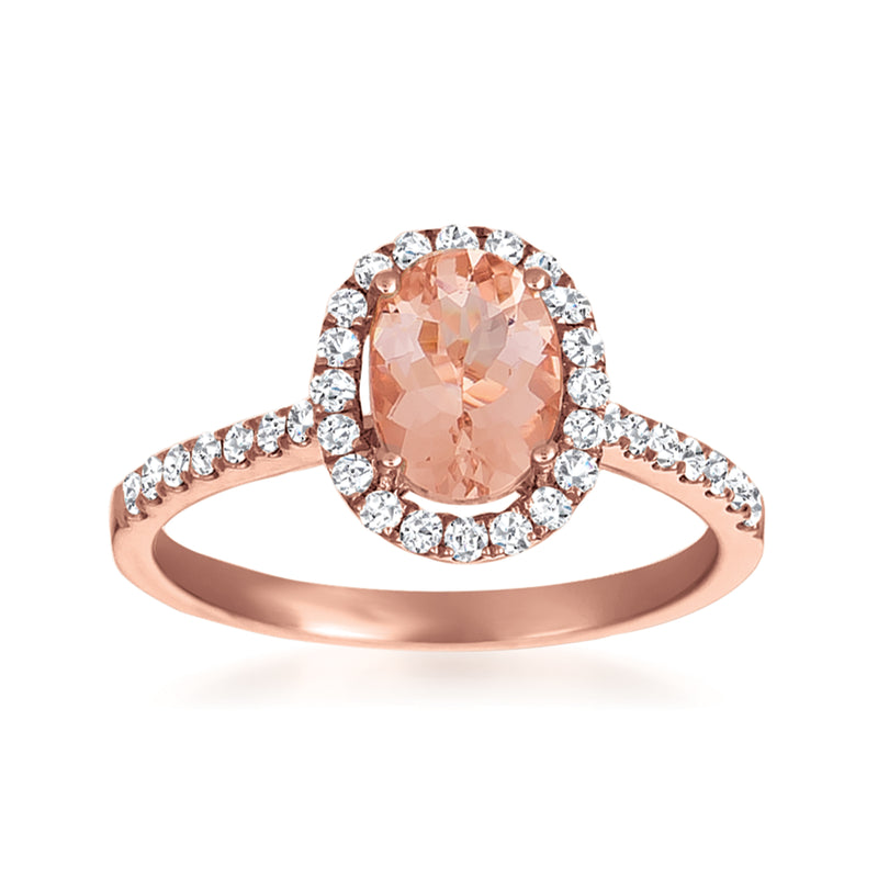 Peach morganite halo ring with round white diamonds on rose-gold band