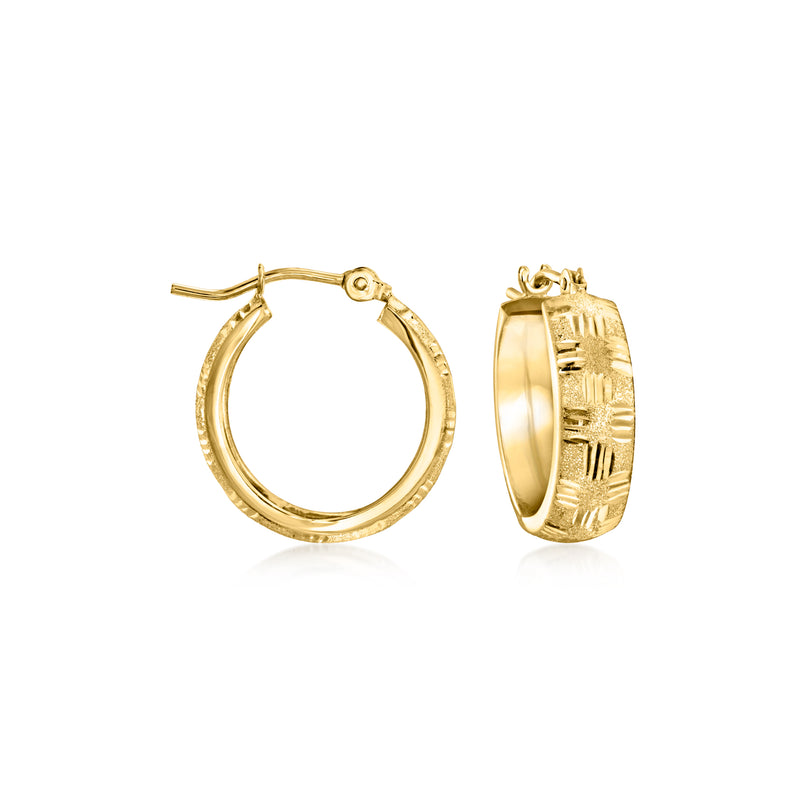 10kt yellow gold hoop earrings with crosshatch texture, hinged clasp