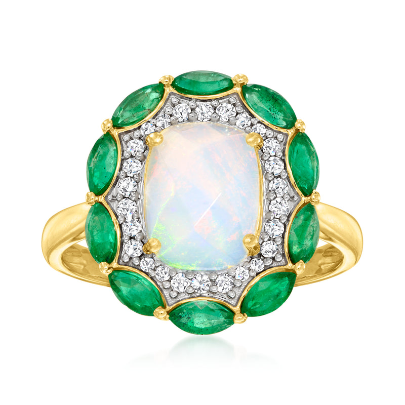 14kt yellow gold ring with oval opal, emerald green stones, diamond halo