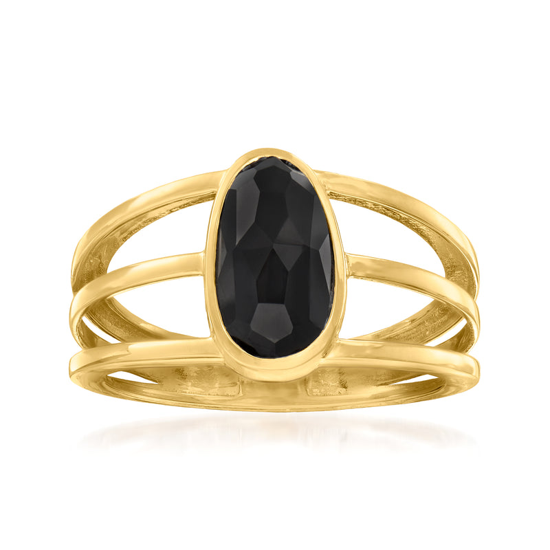 10kt yellow gold onyx oval ring with faceted black stone, open-space setting