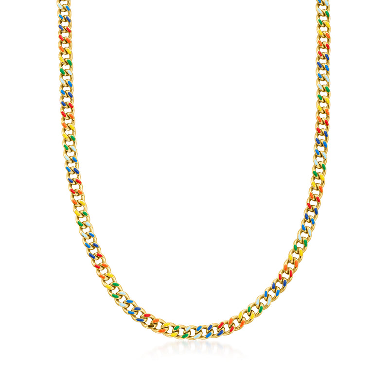 Multicolored enamel curb-link necklace with gold over sterling chain