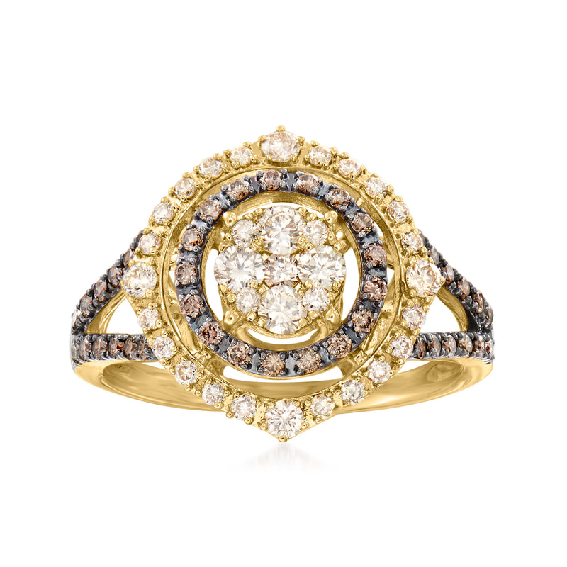 Honey gold diamond cluster ring with round center stone, oval halos, chocolate accents