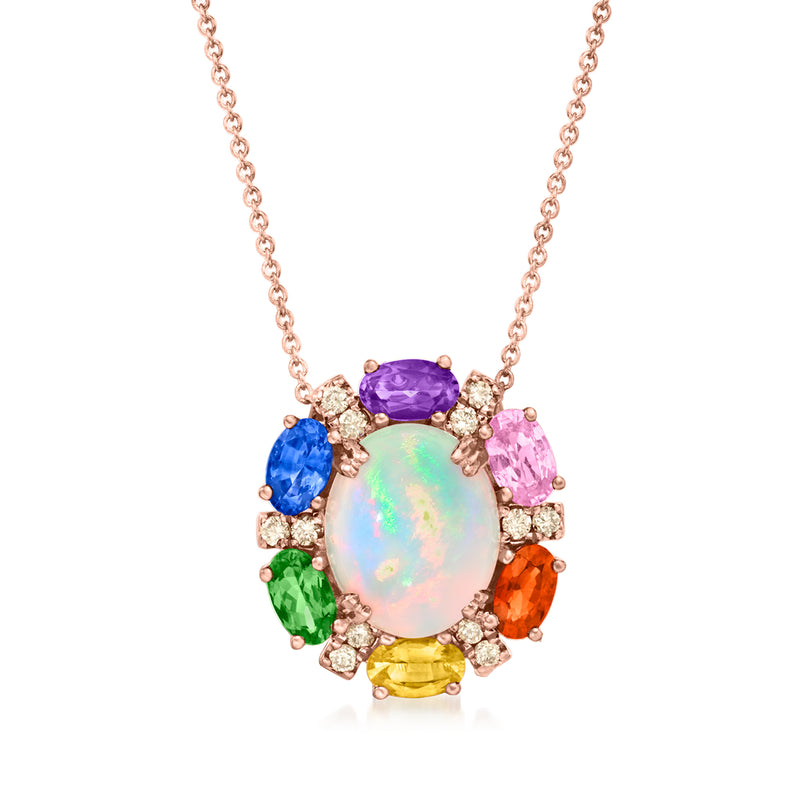 Opal pendant necklace with oval opal centerpiece and colorful gemstone halo on chain