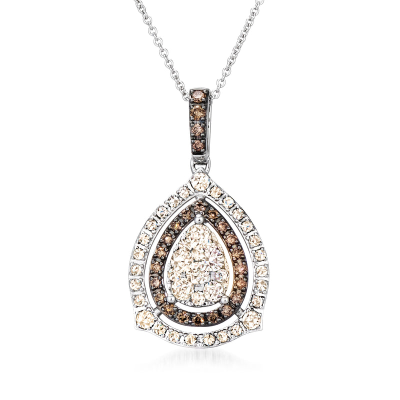 Diamond pendant necklace with teardrop center and dark-toned halo accents on chain